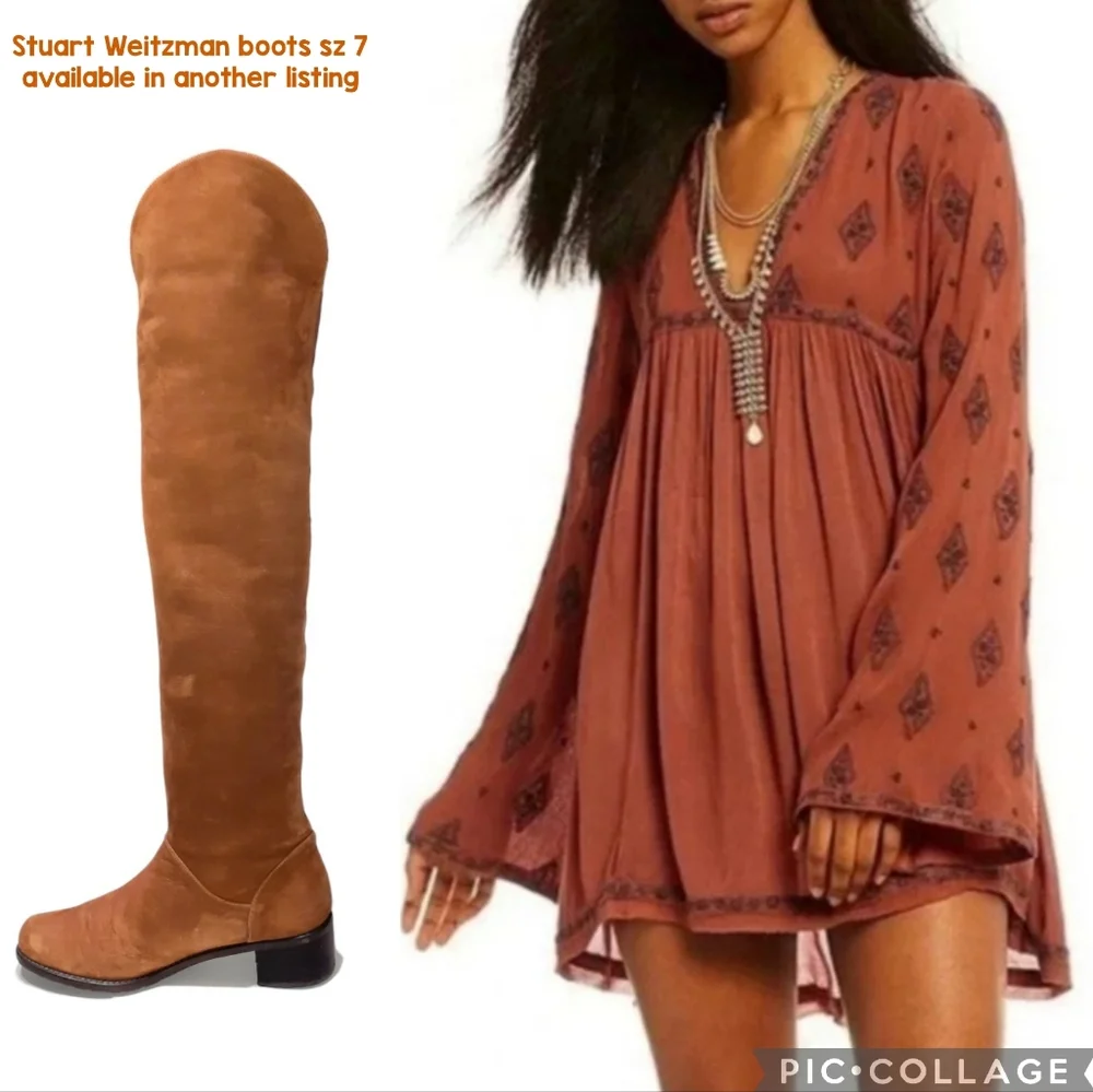 FREE PEOPLE Flowy Boho Tunic Dress Cottage Embroidered Burnt Orange Blu Roomy XS - Picture 11 of 11